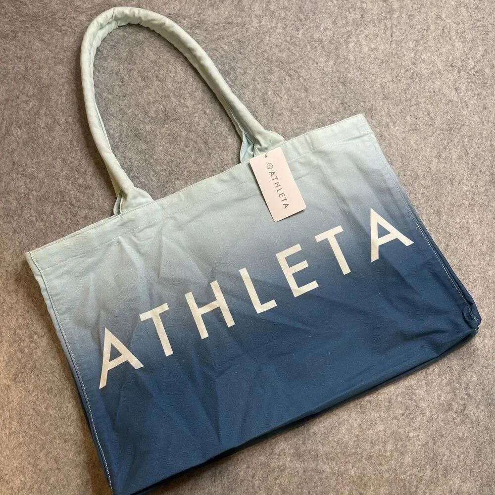 ATHLETA Tote Bag Gym Blue Ombre Large Canvas Shopping Bag 19x13x7 Travel NWT
